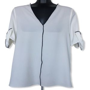 Zara V-Neck Short Bow Sleeve White Blouse Medium